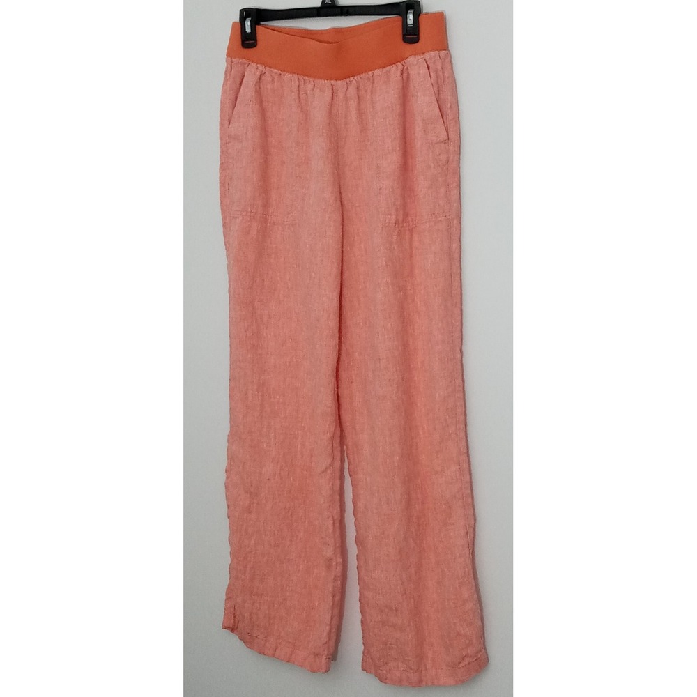 Lands End Orange Pull On 100% Linen Pants Pockets Women's Size 10 Pre-owned